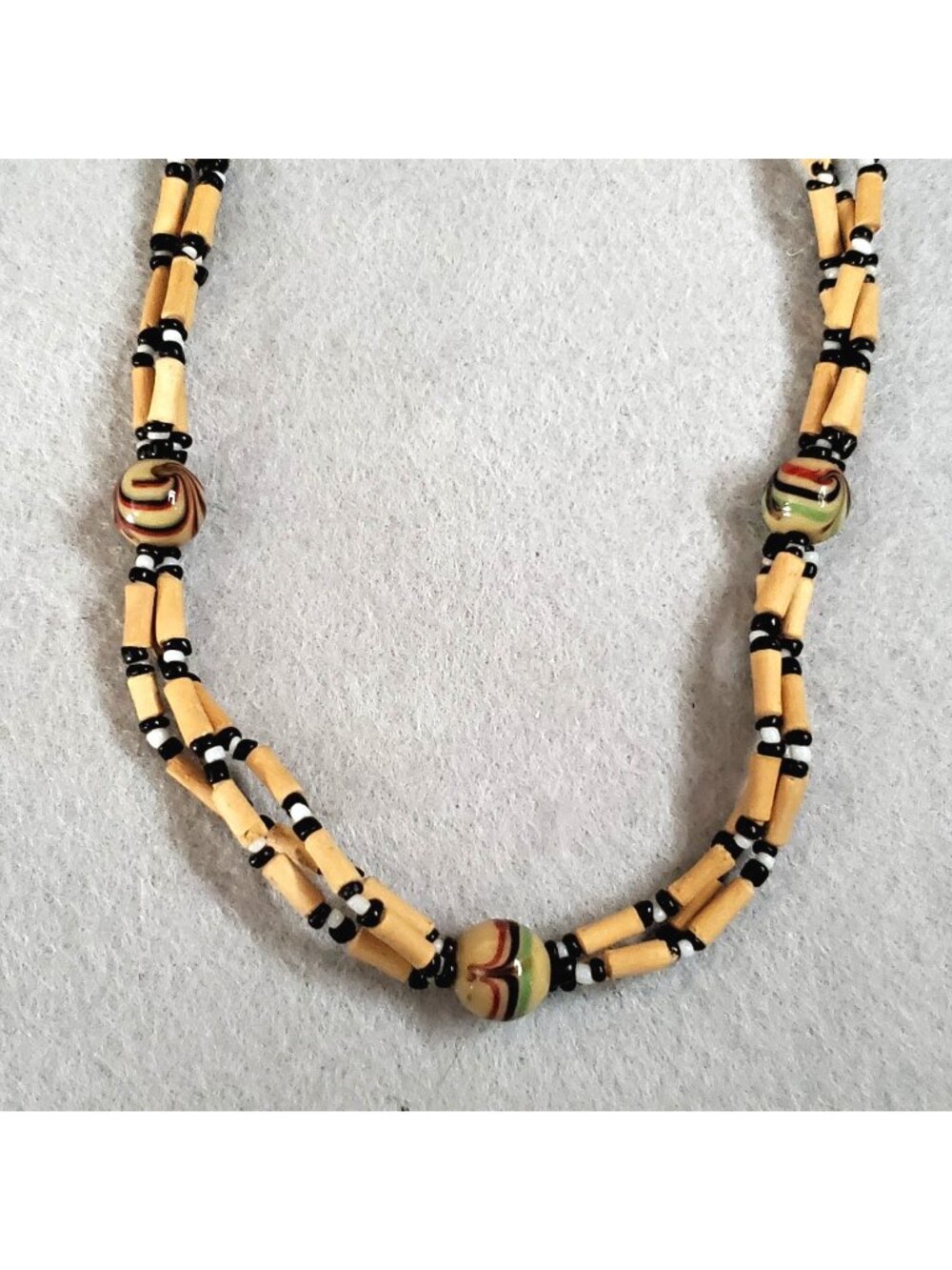 Vintage Beaded Necklace Wood Glass 24" Boho